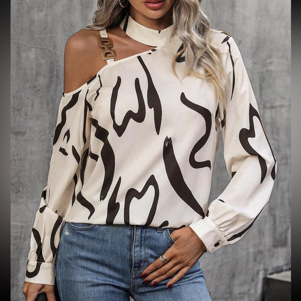 Elegant Off Cold Shoulder Asymmetrical Neck Long Sleeve Top Blouse Shirt - Picture 6 of 6
